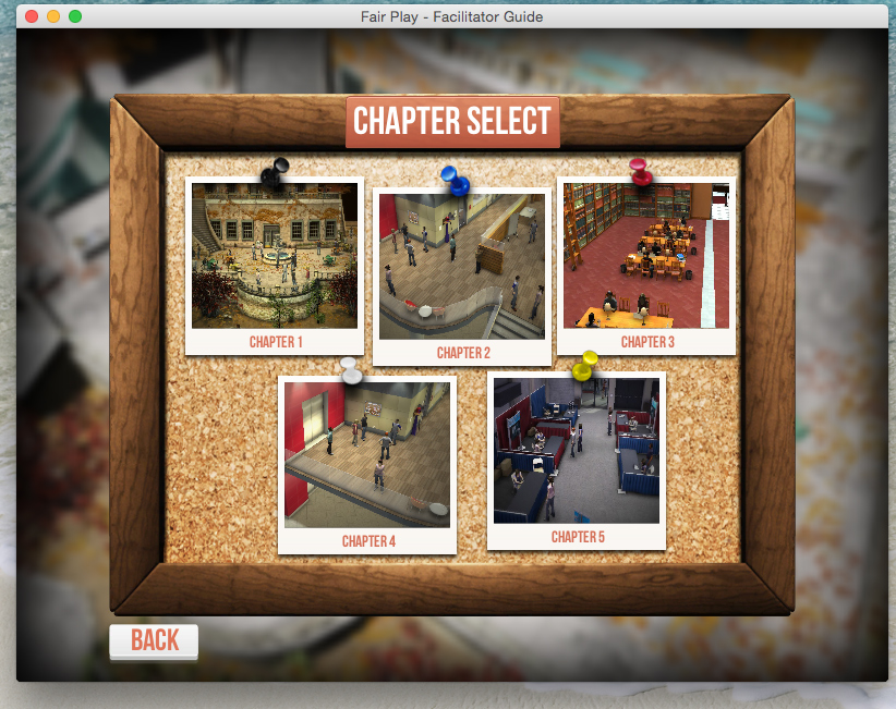 Screenshot of Facilitator Game. The Chapter Select screen has five chapter options.