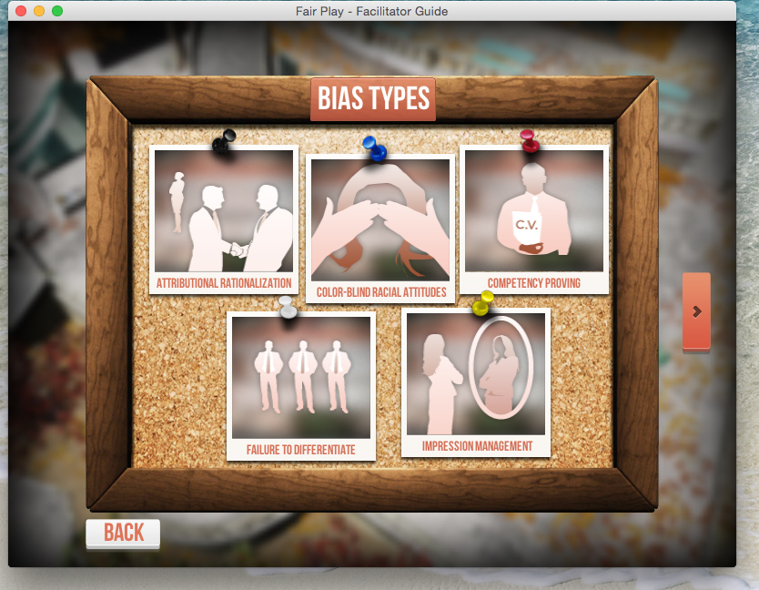 Screenshot of Facilitator Game. The Bias Types screen has the options Attributional Rationalization, Color-blind Racial Attitudes, Competency Proving, Failure to Differentiate, and Impression Management.