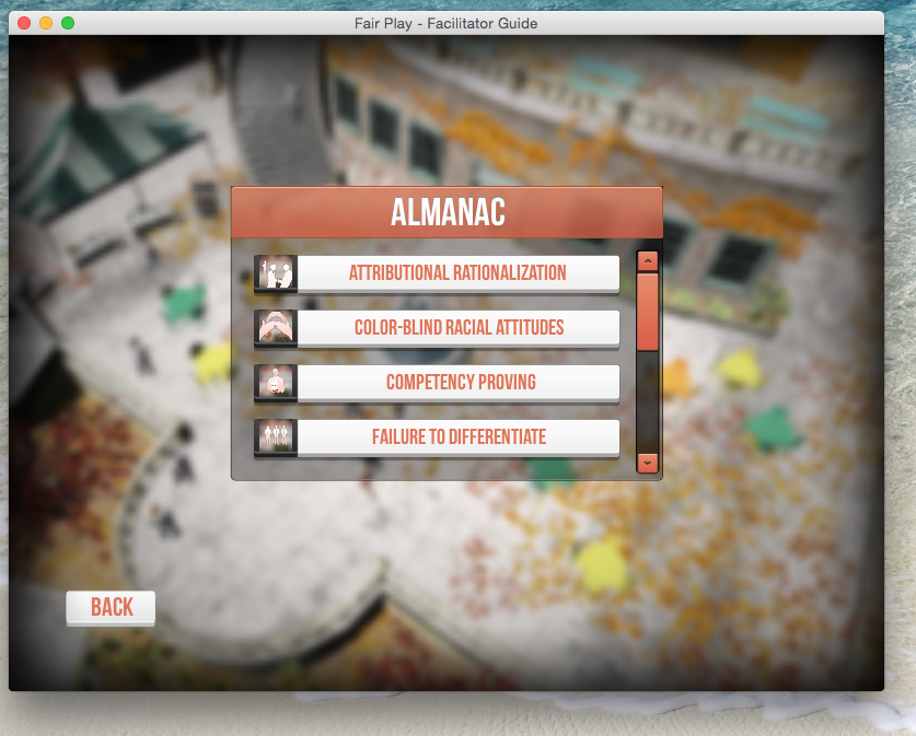 Screenshot of Facilitator Game. The Almanac screen has the options Attributional Rationalization, Color-blind Racial Attitudes, Competency Proving, and Failure to Differentiate.